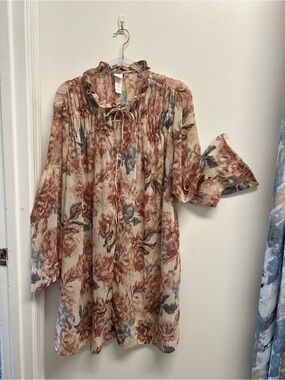 Floral Smocked Neck Peasant Dress in Cream, Dusty Rose & Slate